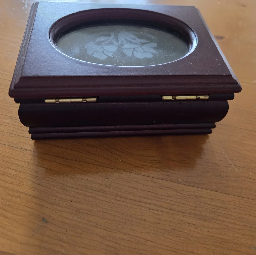 Small Wood Jewelry Box Glass Oval With Etched Flower Top
